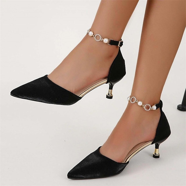  Women's Heels Pumps Valentines Gifts Dress Shoes Heel Sandals Daily Club Solid Color Rhinestone Imitation Pearl Stiletto Heel Pointed Toe Elegant Sexy Satin Ankle Strap Matte Black Black Red