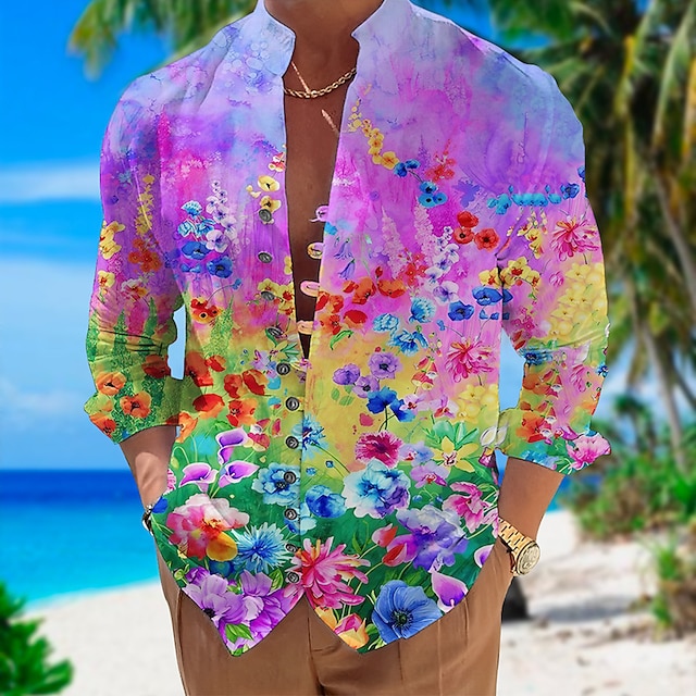  Herr Blommig Tropiska blommor Skjorta Hawaii skjorta Aloha skjorta Långärmad Skjorta Hög krage Mode Streetwear Designer Utomhus Gata Ledigt Gul Rodnande Rosa Blå S M L