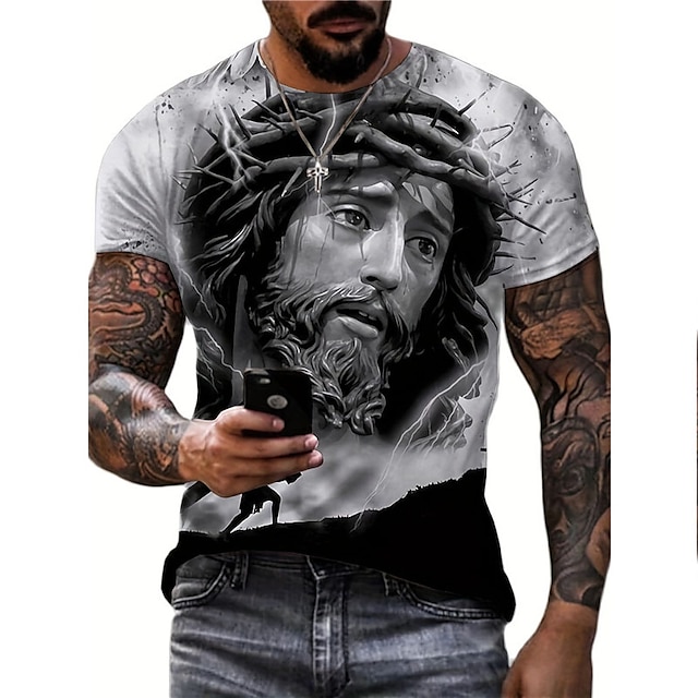  男性用 Tシャツ グラフィック 信仰 クルーネック 衣類 3Dプリント アウトドア 日常 半袖 プリント ヴィンテージ ファッション デザイナー