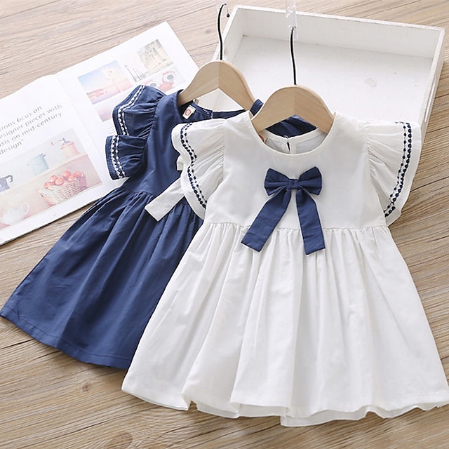  Kids Girls' Dress Solid Color Short Sleeve Outdoor Ruched Active Fashion Cute Cotton Knee-length Casual Dress A Line Dress Summer Dress Summer Spring 3-7 Years White Navy Blue