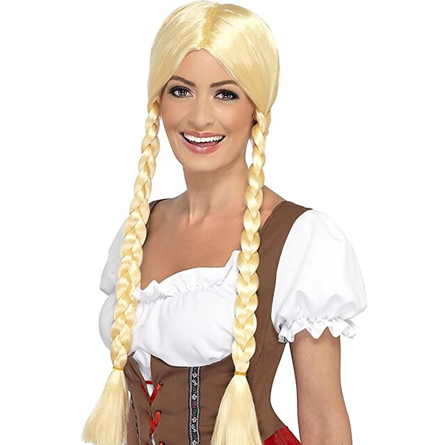 Oktoberfest Beer Cosplay Wigs Smiffys Women's Long Blonde Wig with Braids/Pigtail Braid Bavarian Beauty Wig2