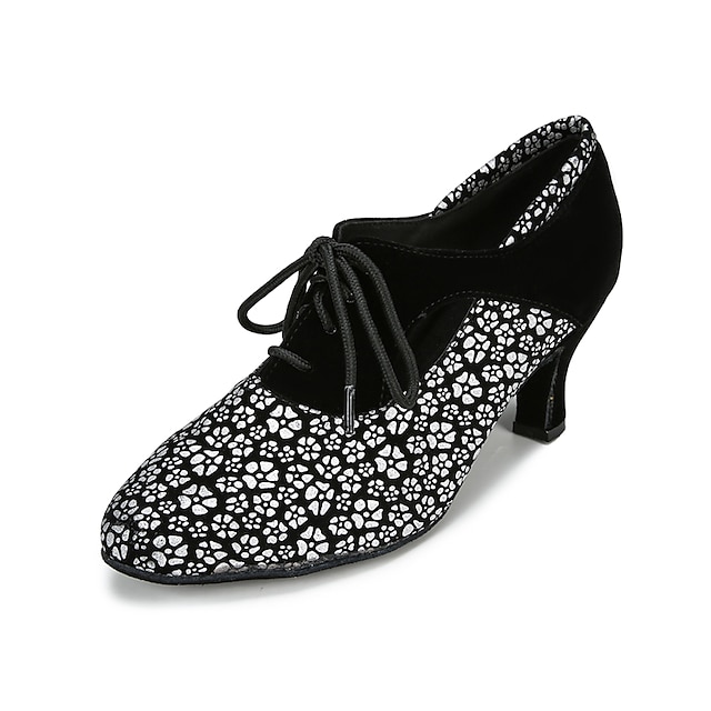  Mulheres Sapatos de Dança Latina Profissional Padrão / Impressão Moda Dedo Fechado Com Cadarço Adulto Vermelho-Preto Preto-branco