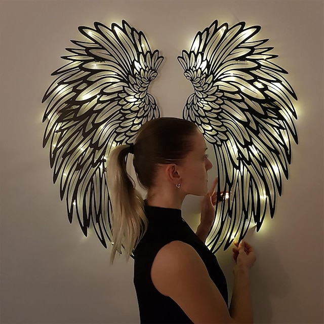 Angel Wings Wall Art Decor with Lights, Metal 3D Angel Wings Wall ...