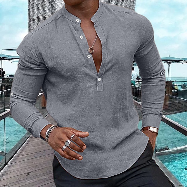 YAOHUOLE Herren Leinenhemd Langarm | Kragenloser Henley-Look | Leicht & Atmungsaktiv Für Den Sommer