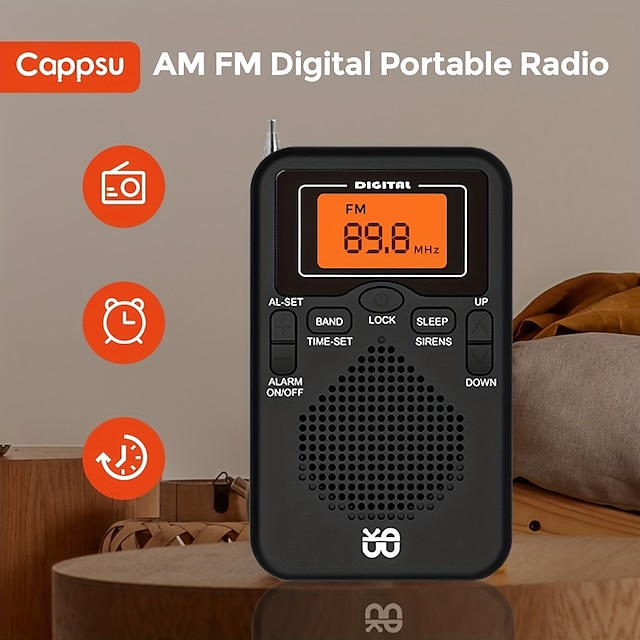 cappsu am/fm ポータブル ラジオ 優れた受信機能を備えたパーソナル ラジオ、単 4 電池 2 本 (パッケージには含まれません) で駆動、ステレオ ヘッドフォン付き 大型液晶画面目覚まし時計ラジオ
