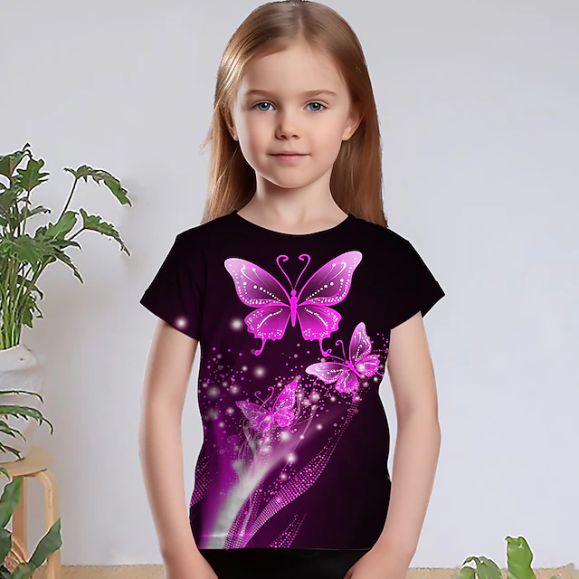 Girls' 3D Graphic Animal Butterfly T shirt Tee Short Sleeve 3D Print Summer Spring Active Fashion Cute Polyester Kids 3-12 Years Outdoor Casual Daily Regular Fit 9