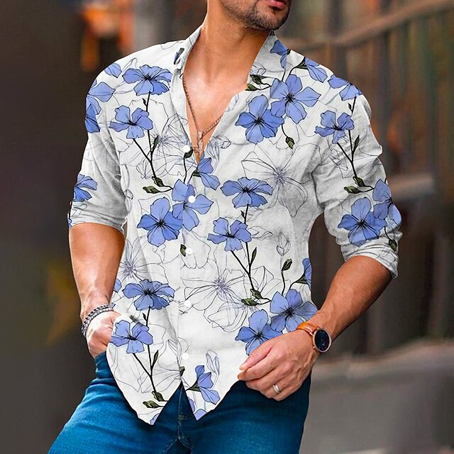 Men's Shirt Linen Shirt Floral Graphic Prints Turndown Yellow Purple ...