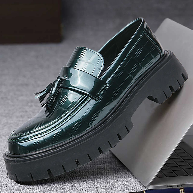Men's Dress Loafers & Slip-Ons Tassel Shoes Lug Sole British Office & Career PU Leather Height Increasing Loafers Black Green Spring Fall 11