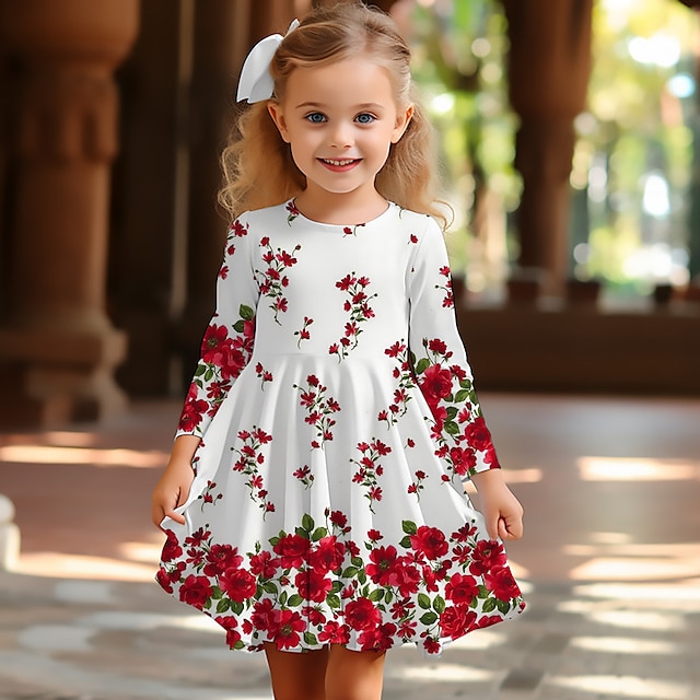  Girls' 3D Graphic Floral Dress Long Sleeve 3D Print Summer Spring Fall Sports & Outdoor Daily Holiday Cute Casual Beautiful Kids 3-12 Years Casual Dress A Line Dress Above Knee Polyester Regular Fit