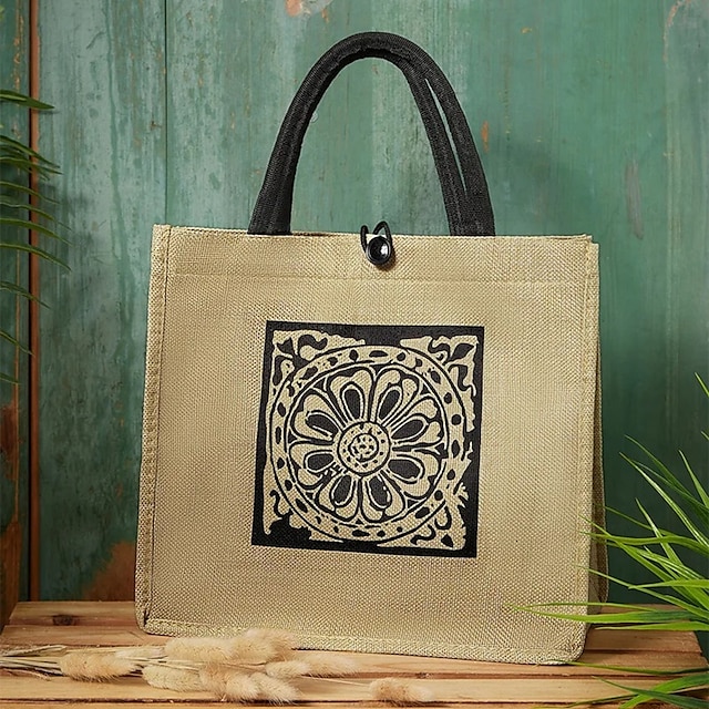  borsa a tracolla in lino con motivo geometrico vintage da donna borsa da viaggio portatile di grande capacità borsa con manico superiore riutilizzabile sacchetto di iuta
