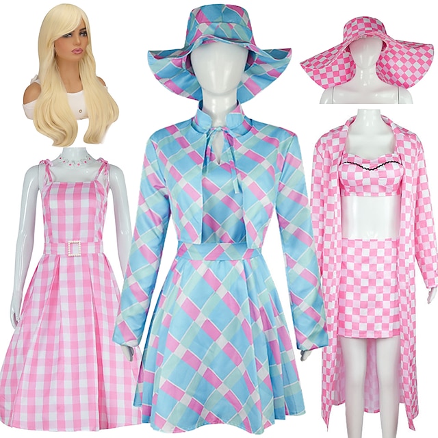  Movie Outfits Doll Hot Pink Plaid Dress Costume for Girls Women Kids Adults Flare Dress Pink Gingham Dress Y2K Retro Vintage Beach Vacation Daily Wear Halloween Carnival
