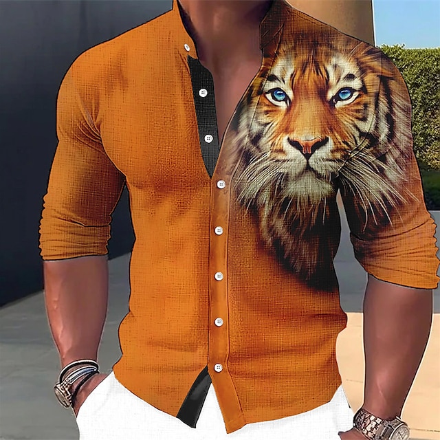  Męskie Koszula Zwierzę Tygrys Wzory graficzne Kołnierz stawiany Niebiesko-zielony Czerwony Niebieski Pomarańczowy Zielony Na zewnątrz Ulica Długi rękaw Nadruk Odzież Moda Moda miejska Designerskie
