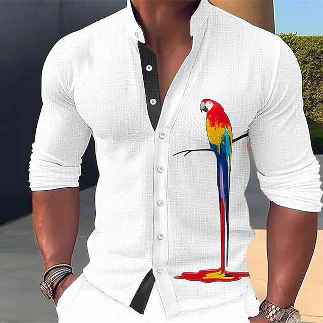 Men's Parrot Shirt Button Up Shirt Long Sleeve Fashion Streetwear Designer Outdoor Casual Daily Summer Spring Fall Stand Collar Print Black White Blue Green Khaki 6
