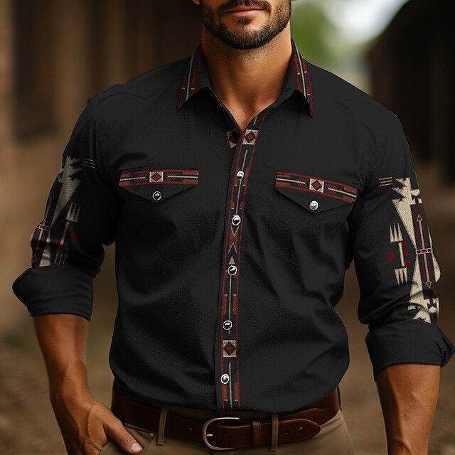Men's Tribal Graphic Prints Vintage Shirt Western Shirt Cowboy Shirt Long Sleeve Fashion Designer Casual Outdoor Daily Fall & Winter Turndown Print Wine Green3
