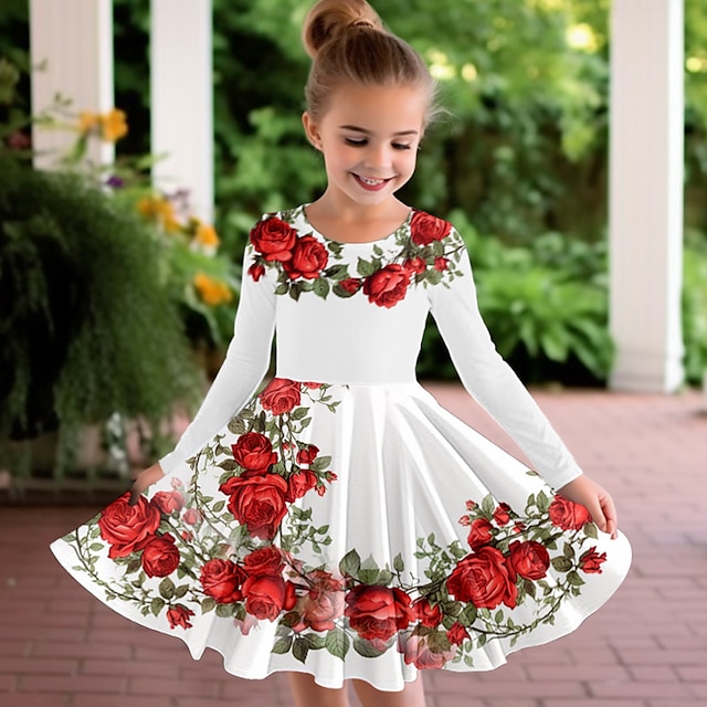  Girls' 3D Graphic Floral Butterfly Dress Long Sleeve 3D Print Summer Fall Sports & Outdoor Daily Holiday Cute Casual Beautiful Kids 3-12 Years Casual Dress A Line Dress Above Knee Polyester Regular