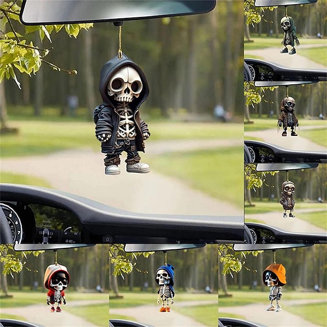  Halloween Car Mirror Swing Pendant Acrylic Skeleton Figurine Flat Car Interior Decoration Auto Rearview Mirror Pendant Ornaments Accessory