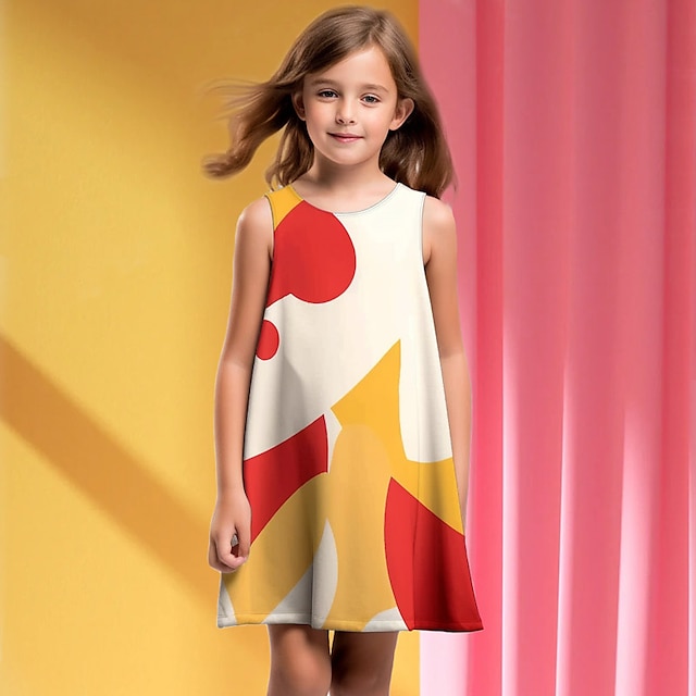  Dziewczyny ' 3D Graficzny Geometryczny Kolorowy blok Sukienka Bez rękawów Druk 3D Lato Wiosna Sport i turystyka Codzienny Święto Śłodkie Codzienny Słodkie Dzieci 3-12 lat Codzienne sukienki Sukienka