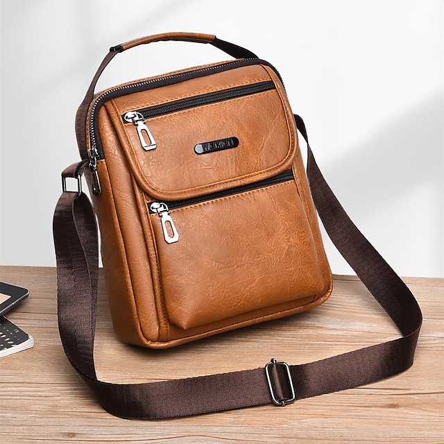  Men's Crossbody Bag Shoulder Bag PU Leather Daily Solid Color Light Brown Dark Brown Black