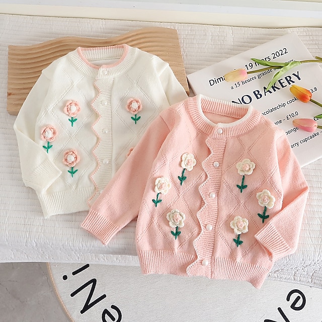  Toddler Girls' Cardigan Floral Outdoor Long Sleeve Button Fashion 3-7 Years Spring White Pink