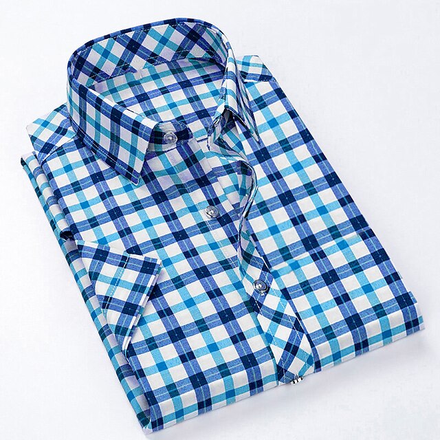 Men's Dress Shirt Button Up Shirt Plaid Shirt Collared Shirt Sea Blue ...