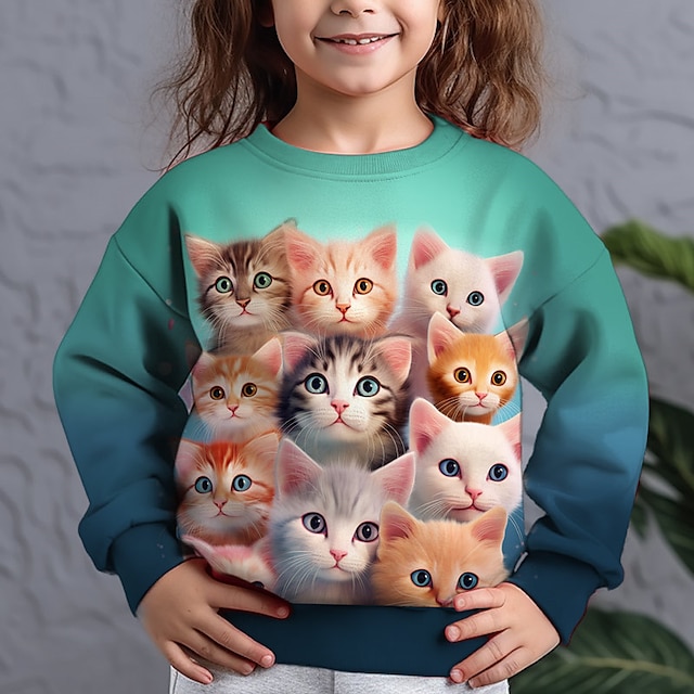  Voor meisjes 3D Grafisch dier Kat Sweatshirt Lange mouw 3D-afdrukken Zomer Herfst Modieus Streetwear Aanbiddelijk Polyester Kinderen 3-12 jaar Buiten Casual Dagelijks Normale pasvorm