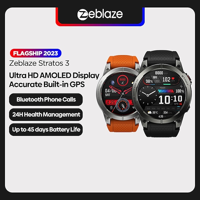  2023 zeblaze stratos 3 premium gps smartwatch ultra hd amoled display innebygd gps hi-fi bluetooth telefonsamtaler