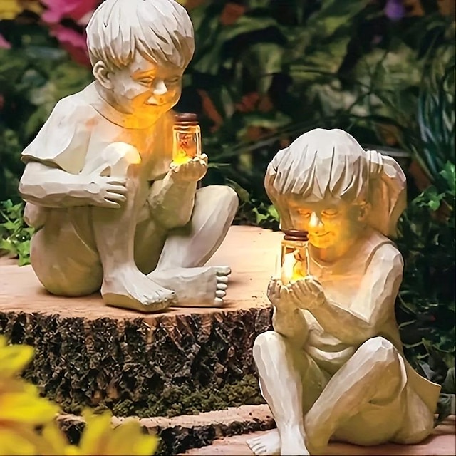  открытый светящийся мальчик и девочка смолы украшения сада скульптура двора садовый двор освещенный солнечной батареей светлячок с выключателем батарея 40 мАч творческий двор скульптура на открытом