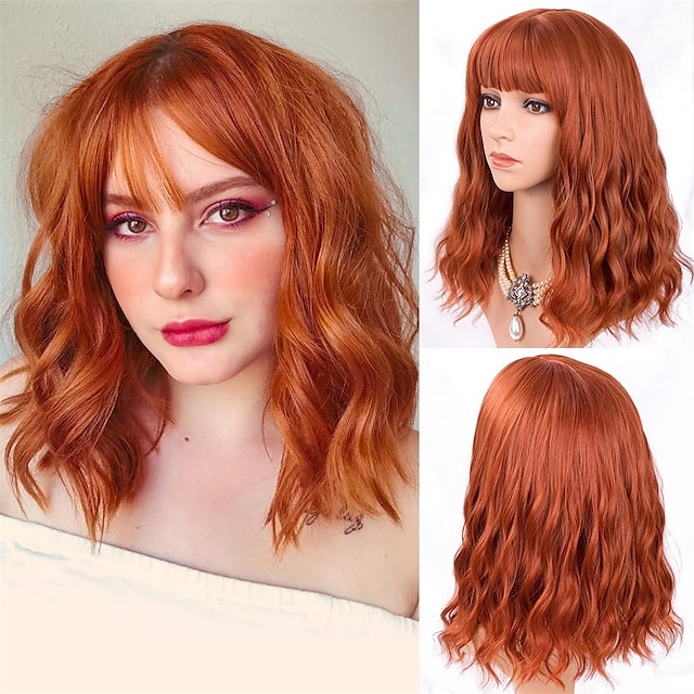  Pelucas de color rojo anaranjado para mujer, peluca de bob ondulado corto con flequillo, peluca de jengibre rizada, longitud del hombro, pelo rojo cobre, peluca sintética de color de 14 pulgadas para