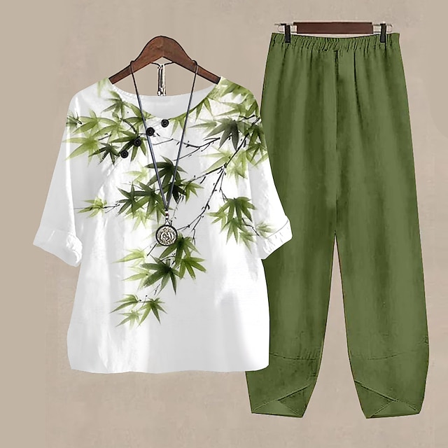  Women's 2 Pieces Basic Shirt Pants Sets Pants Trousers Half Sleeve Round Neck Floral Print Linen Like Holiday Weekend Army Green Blue Purple Fall & Winter Regular Fit