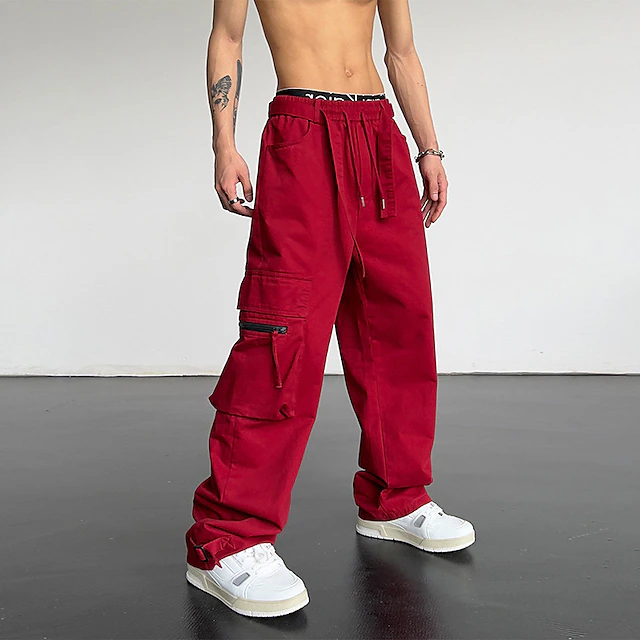 Men's Cargo Pants Trousers Drawstring Elastic Waist Straight Leg Plain Comfort Breathable Casual Daily Holiday Sports Fashion Black Red 9