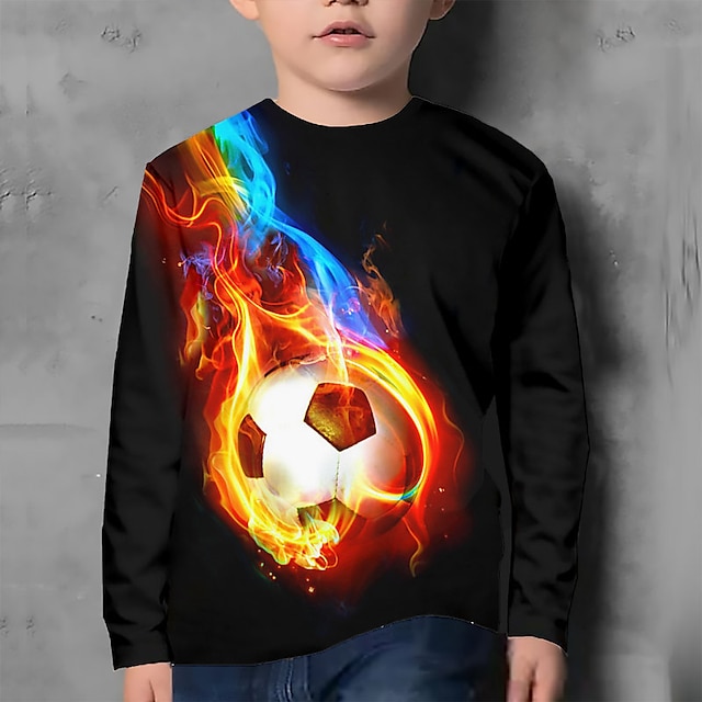  Drenge 3D Grafisk Fodbold Røg T-shirt Langærmet 3D-udskrivning Sommer Forår Efterår Sport Mode Gade Polyester Børn 3-12 år udendørs Afslappet Daglig Regulær