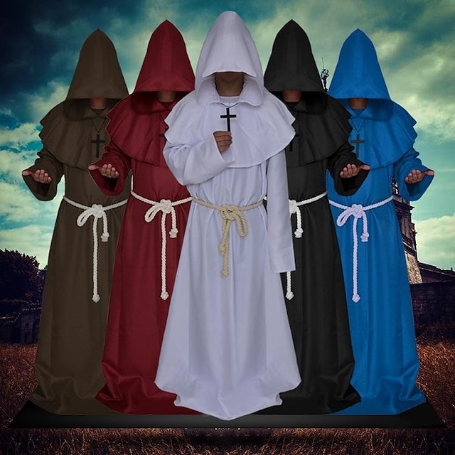  Grim Reaper Wizard Priest Punk & Gothic Medieval Renaissance 17th Century Coat Cosplay Costume Hoodies Robe Outerwear Men's Costume Vintage Cosplay Performance Halloween Masquerade Coat Halloween