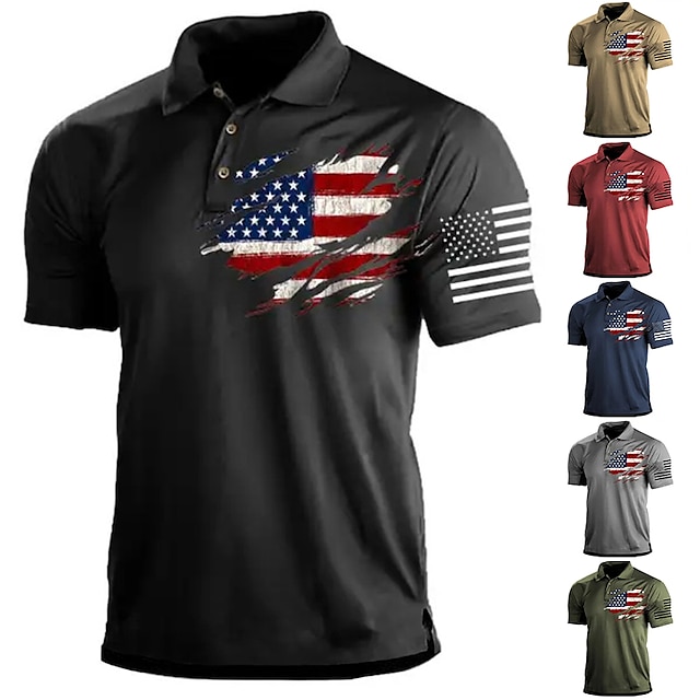  Men's Polo Shirt Lapel Polo Button Up Polos Golf Shirt Graphic Prints American Flag Turndown Black Red Navy Blue Green Khaki Outdoor Street Short Sleeves Print Clothing Apparel Sports Fashion