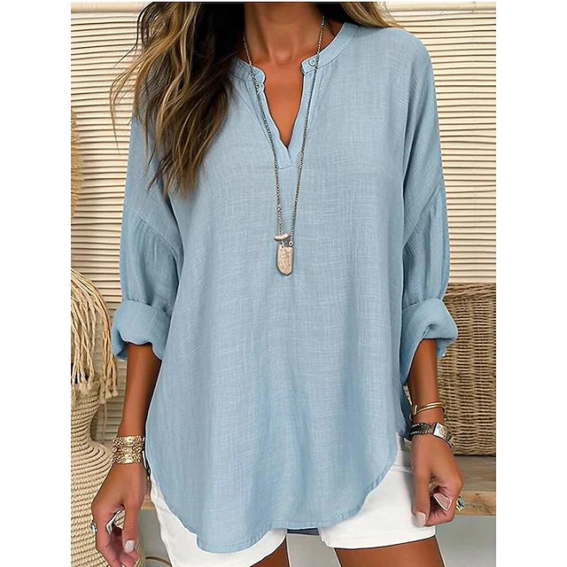 Women's Shirt Cotton Linen Shirts Blouse Dressy Tops Solid Color Plain Basic Long Sleeve Notched Neck Regular Tops Casual Daily White Pink Sky Blue Green Grey Spring Fall 16