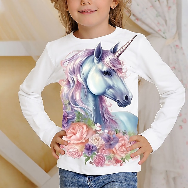  Da ragazza 3D Pop art Cartoni animati Unicorno maglietta T-shirt Manica lunga Stampa 3D Estate Primavera Autunno Attivo Di tendenza stile sveglio Poliestere Bambino 3-12 anni Esterno Informale