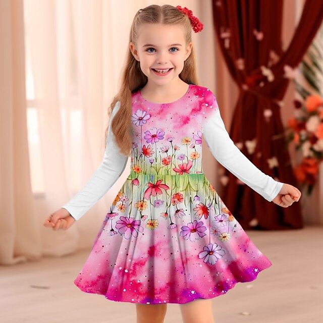 Girls' 3D Graphic Floral Dress Long Sleeve 3D Print Summer Fall Sports ...