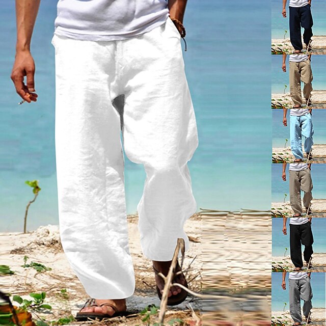  Men's Linen Pants Trousers Summer Pants Beach Pants Elastic Waist Wide Leg Straight Leg Plain Breathable Soft Yoga Casual Daily Fashion Streetwear Loose Fit Black White