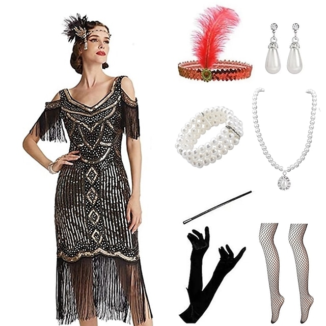  Roaring 20s 1920s The Great Gatsby Outfits Party Costume Masquerade Prom Dress Christmas Party Dress Short Length The Great Gatsby Women's Sequins Tassel Fringe Sequin Tassel V Neck Halloween