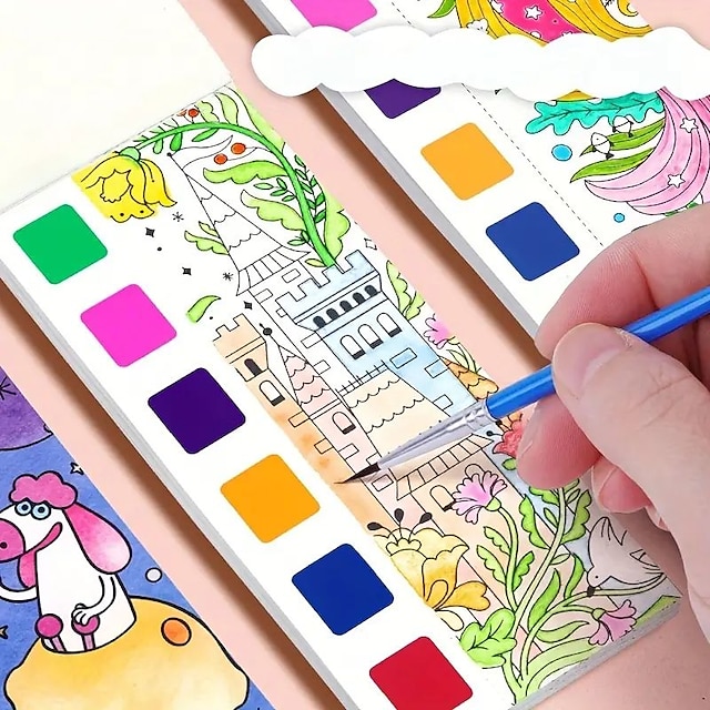  12 bucăți carte de colorat acuarelă pentru copii Carte de colorat și desen pentru elevi hârtie de desen și colorat cu pixuri de vopsea acuarelă încorporate, îmbunătățind concentrarea copiilor