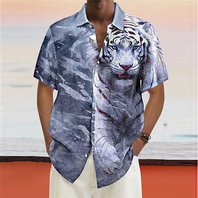  Men's Shirt Animal Tiger GraphicTurndown Red Navy Blue Blue Purple Green Outdoor Street Short Sleeves Print Clothing Apparel Fashion Designer Casual Soft