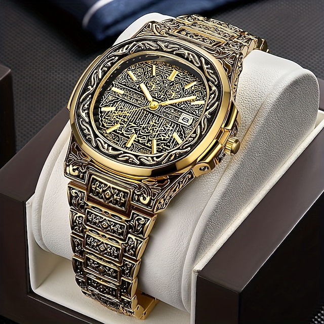  Reloj de pulsera de acero para hombre con relieve de bronce retro tendencia de moda reloj de hombre de negocios con calendario de gama alta