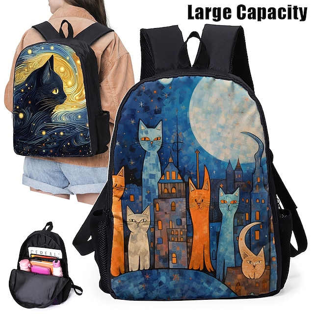  Men's Women's Backpack 3D Print Commuter Backpack School Daily Cat Flower Polyester Large Capacity Breathable Lightweight Zipper Print Black Yellow Red