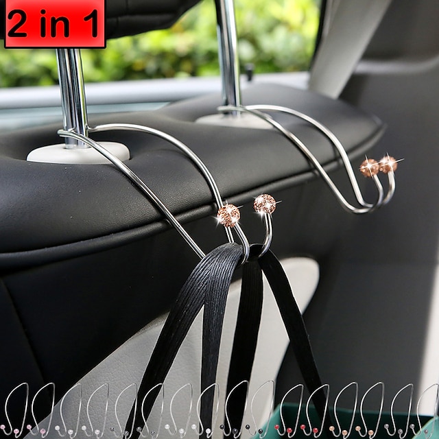  2pcs Car Rear Seat Hooks with Rhinestone Decor Car Stainless Steel Hook Hidden Headrest Hanger Handbag Storage Hanger Hook