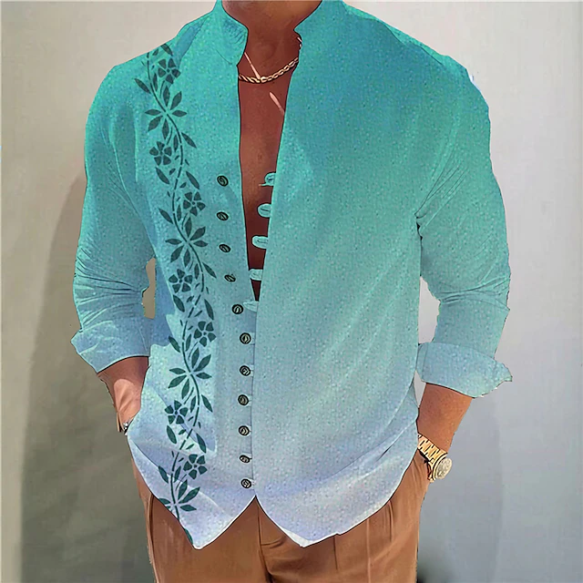Men's Gradient Leaves Shirt Button Up Shirt Long Sleeve Fashion Streetwear Designer Outdoor Casual Daily Summer Spring Fall Stand Collar Print Blue-Green Yellow Pink Blue Purple 8