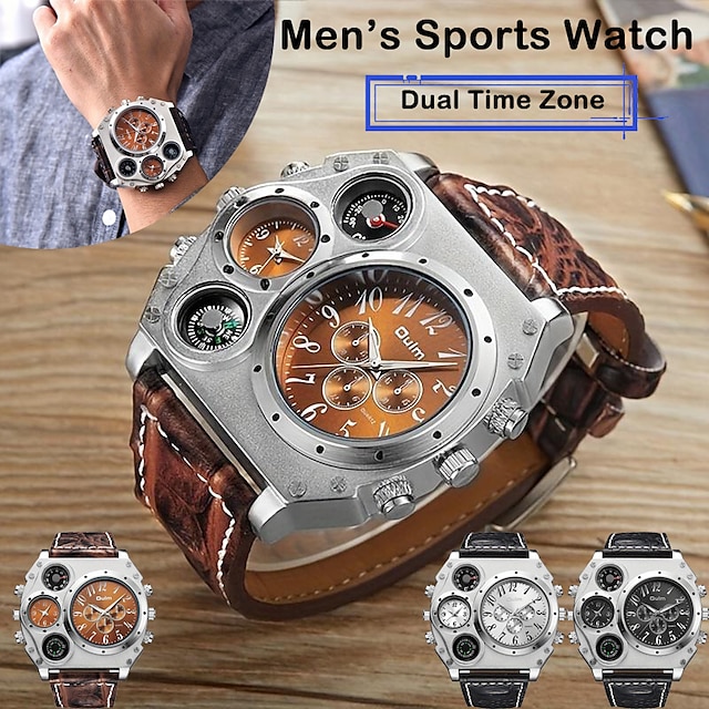  Men's Dual Time Zone Sports Watch: Multifunctional Compass Quartz Wristwatch for Classic Style