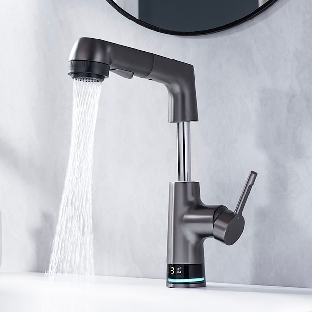  robinet de baie cu afișaj digital lcd baterie pentru chiuvetă robinete pentru chiuvetă cu pulverizator extras, cap de scurgere ridicabil cu un singur mâner 3 moduri, robinet pentru vas din alamă toaletă