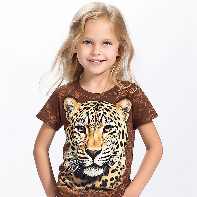  Voor meisjes 3D Grafisch dier Luipaard T-shirt Korte mouw 3D-afdrukken Zomer Lente Actief Modieus Streetwear Polyester Kinderen 3-12 jaar Buiten Casual Dagelijks Normale pasvorm