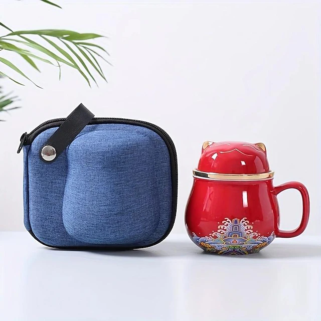 Travel Tea Set Ceramic Portable Lucky Cat Tea Mug - Perfect for Travel ...