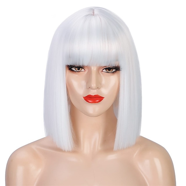  Peruca Preta Bob com Franja Curta Preta para Mulheres Peruca Bob Lisa Resistente ao Calor Peruca Sintética Mia Wallace Cleopatra Cospaly Uso Diário Festa 12 Perucas de Halloween