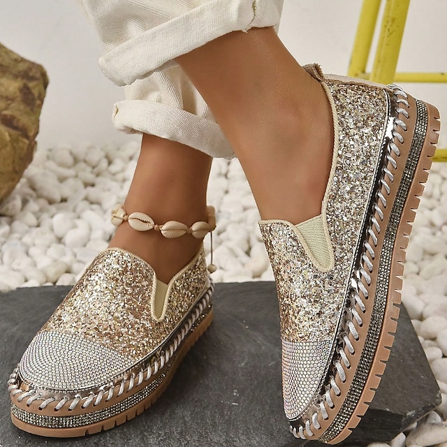  Women's Sneakers Slip-Ons Canvas Shoes Plus Size Platform Sneakers Platform Loafers Outdoor Daily Solid Color Color Block Summer Crystal Sparkling Glitter Sequin Flat Heel Round Toe Casual Preppy